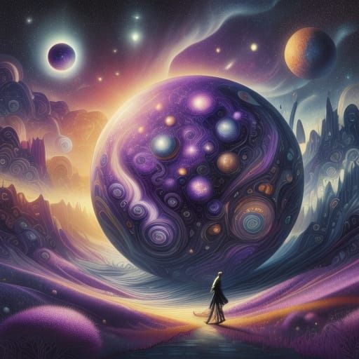 Surreal Purple Landscape with Ethereal Figures and Geometric...