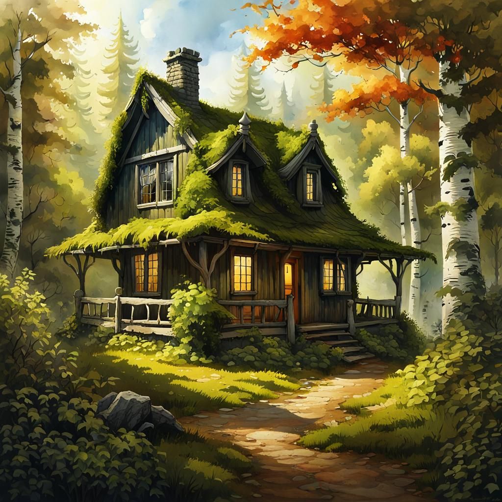 Forest Cottage in Watercolor and Ink