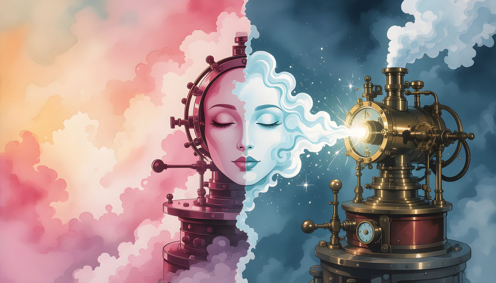 Steampunk Dream Machine in Sumi-e Watercolor Style