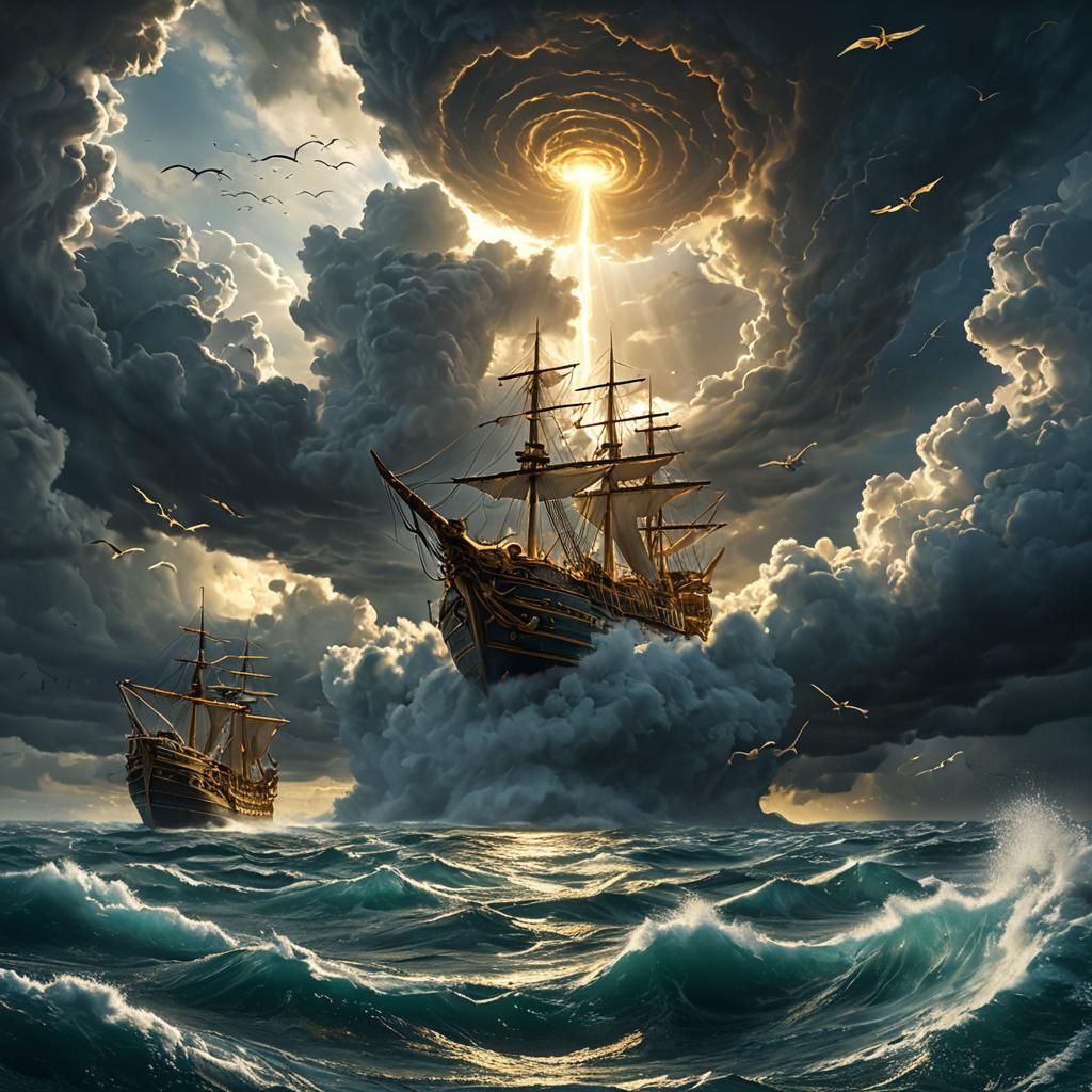 Epic Ocean Whirlpool with Dragons and Airships