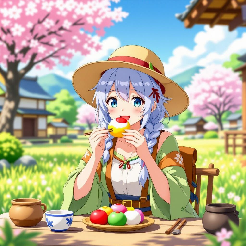 Rune Factory Character Eating Dango in Azuma Landscape