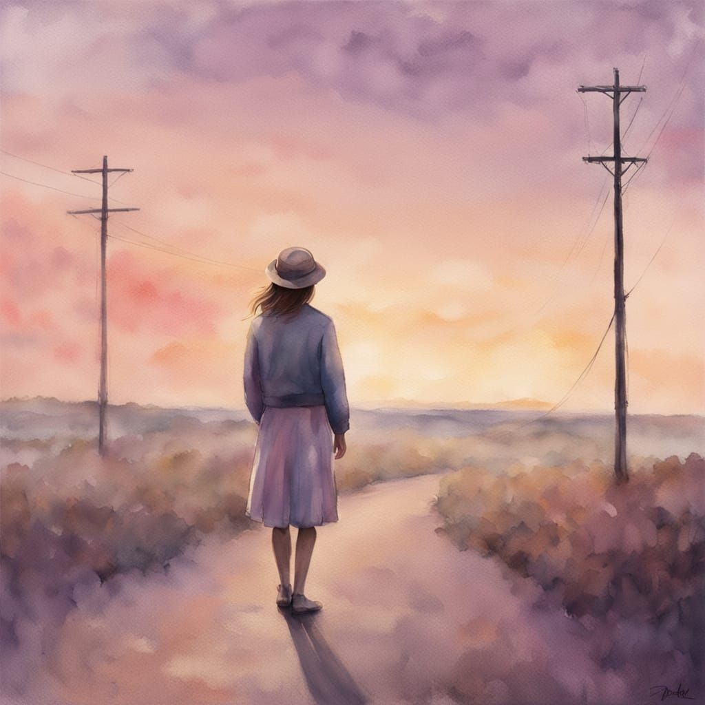 Whimsical Watercolor of Girl at Crossroads in Dreamy Landsca...