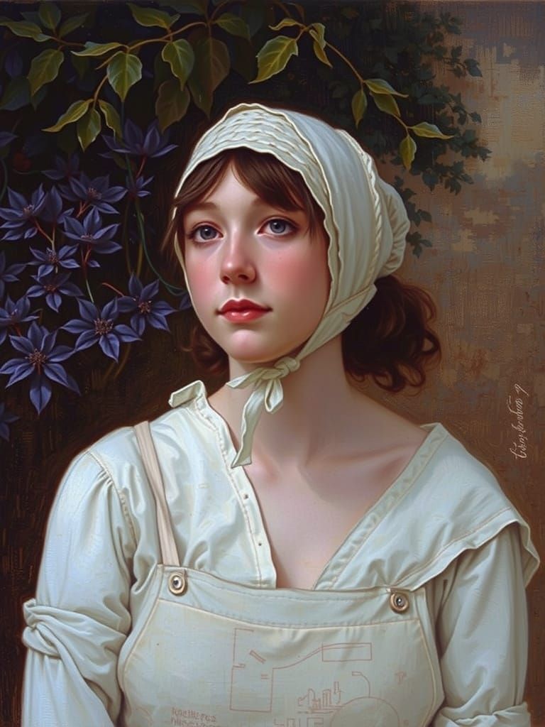 Young Peasant Girl Surrounded by Autumnal Purplish Leaves