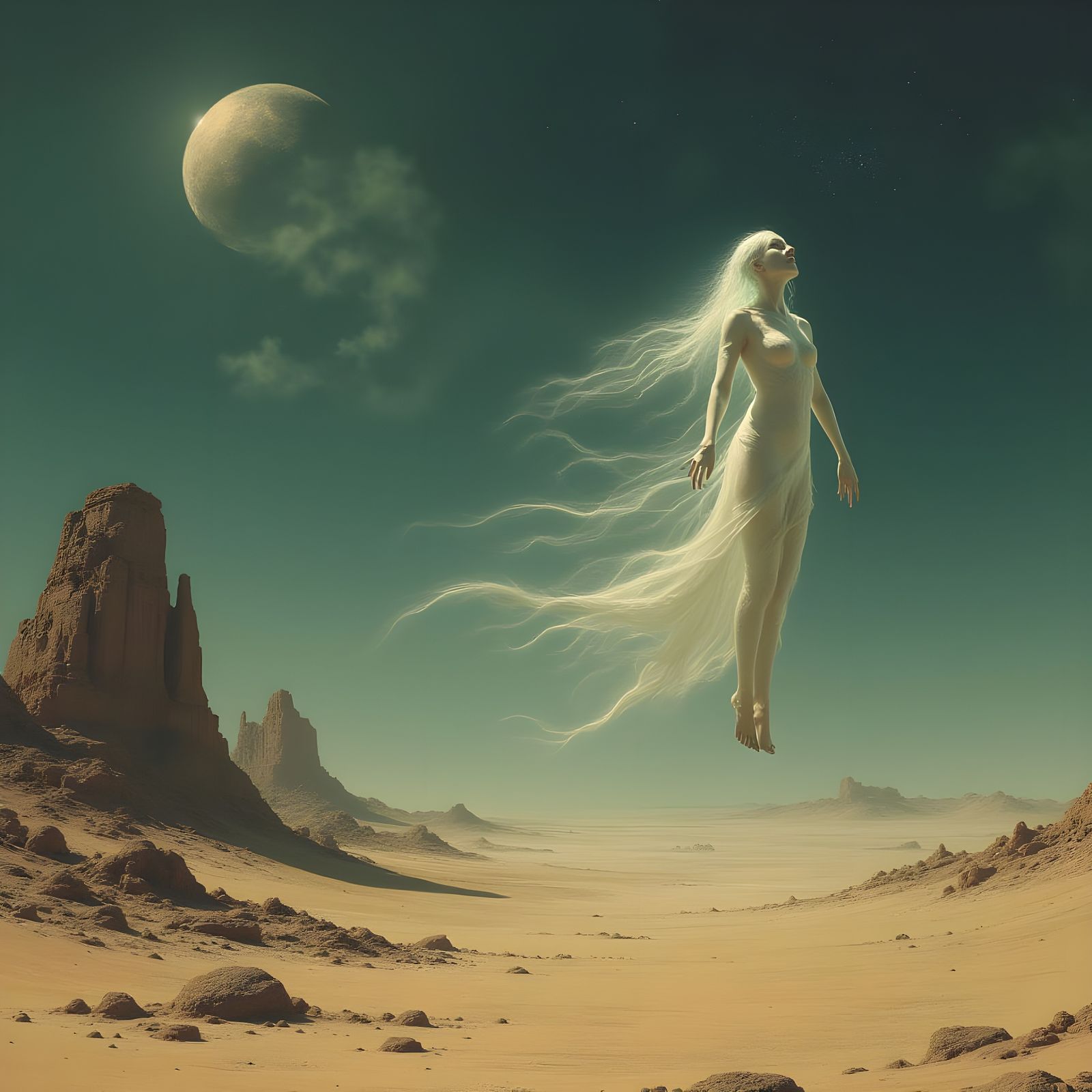 Ethereal Woman Over Alien Ruins Under Twin Moons
