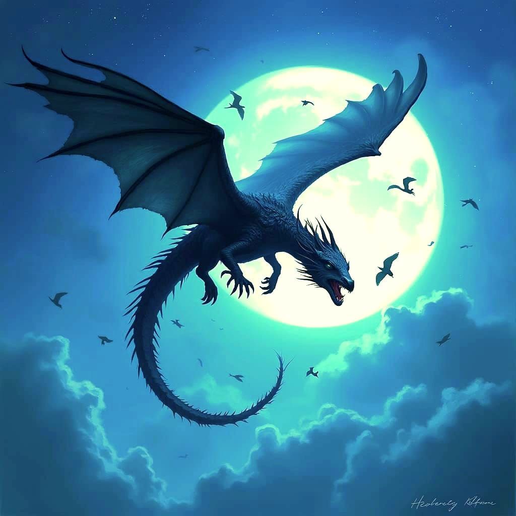 Dragon Flying in Starry Sky, Dark Fantasy Art