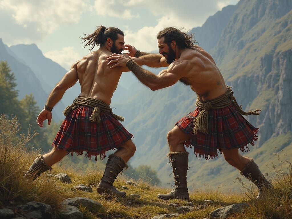 Scottish Highlands Wrestling Match in Hyperrealistic Style