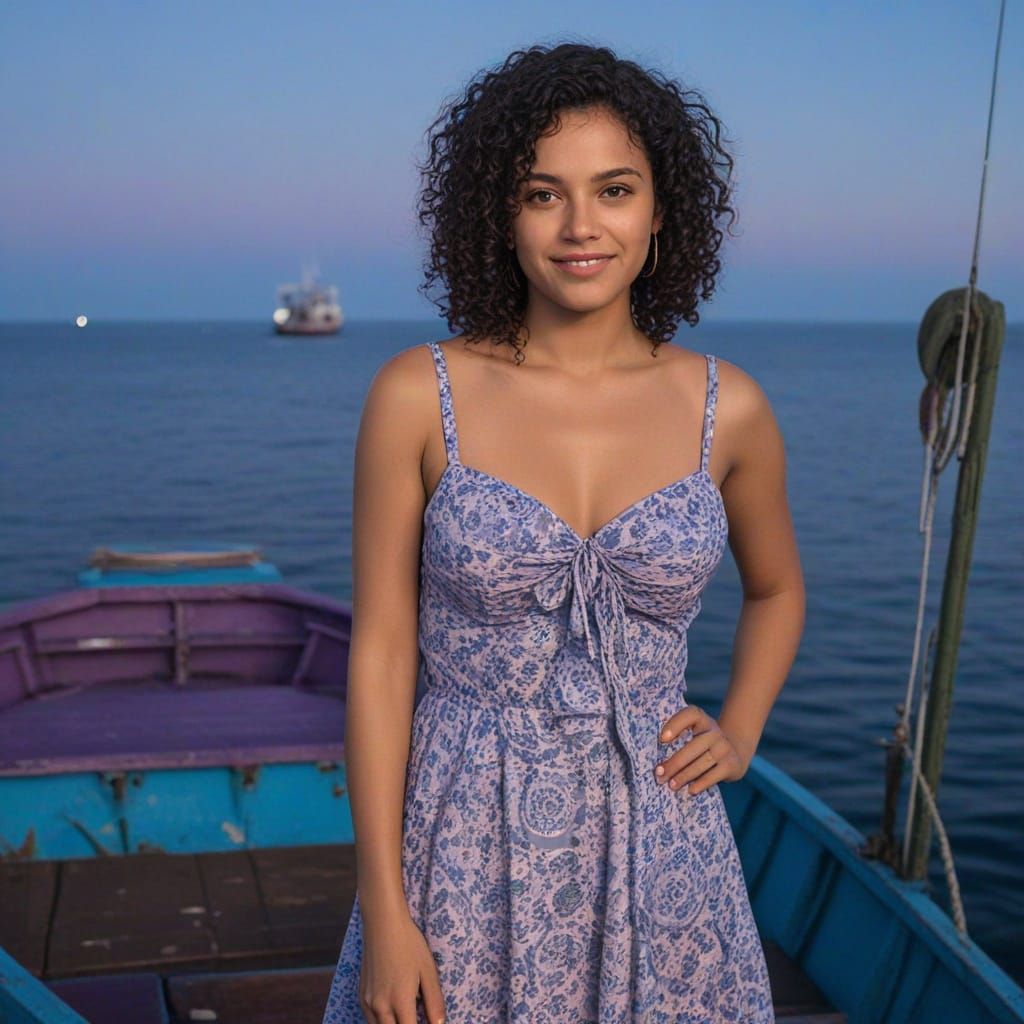 Woman in Floral Sundress on Azure Blue Fishing Boat at Dusk