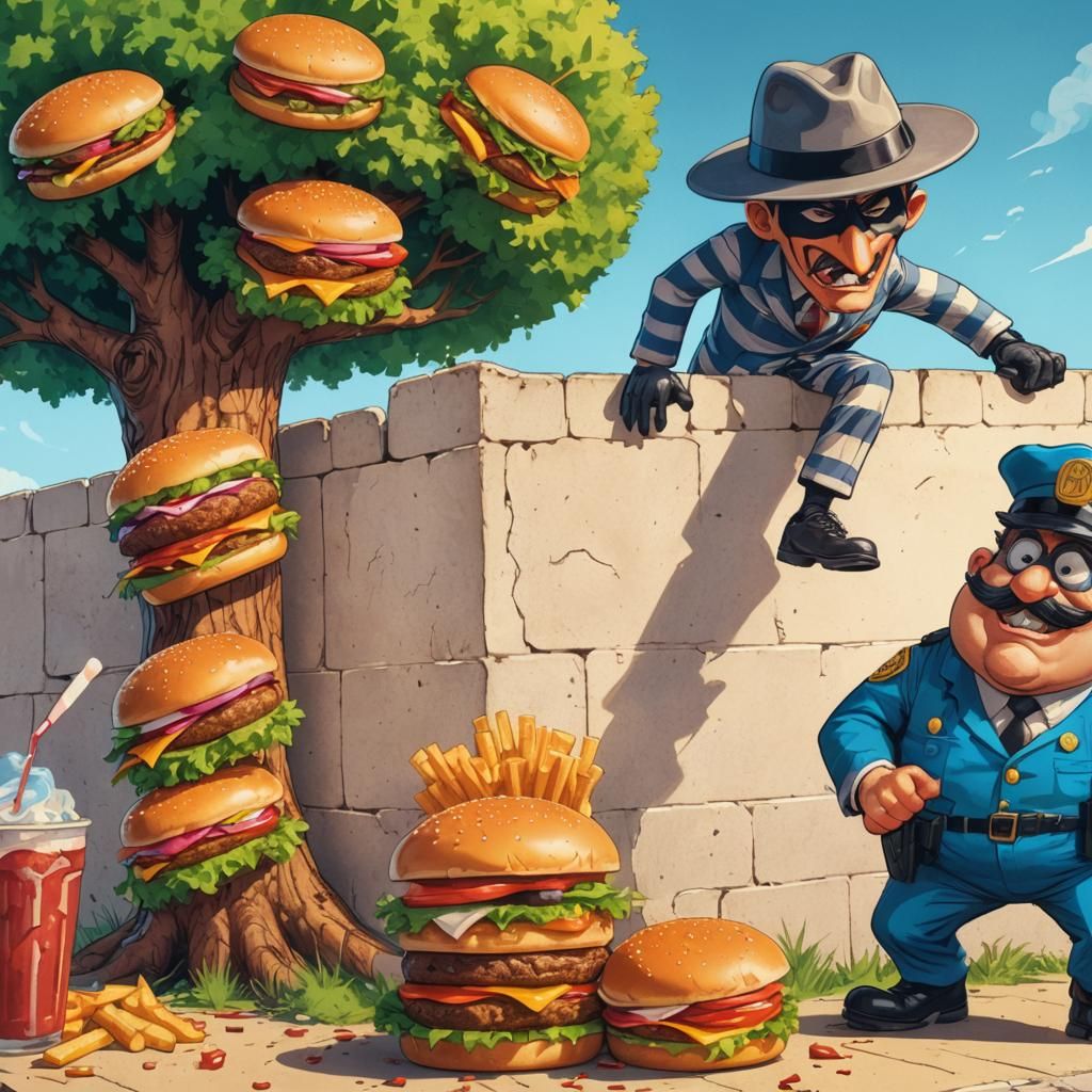 Cartoon Robber Steals Hamburgers from Magical Tree