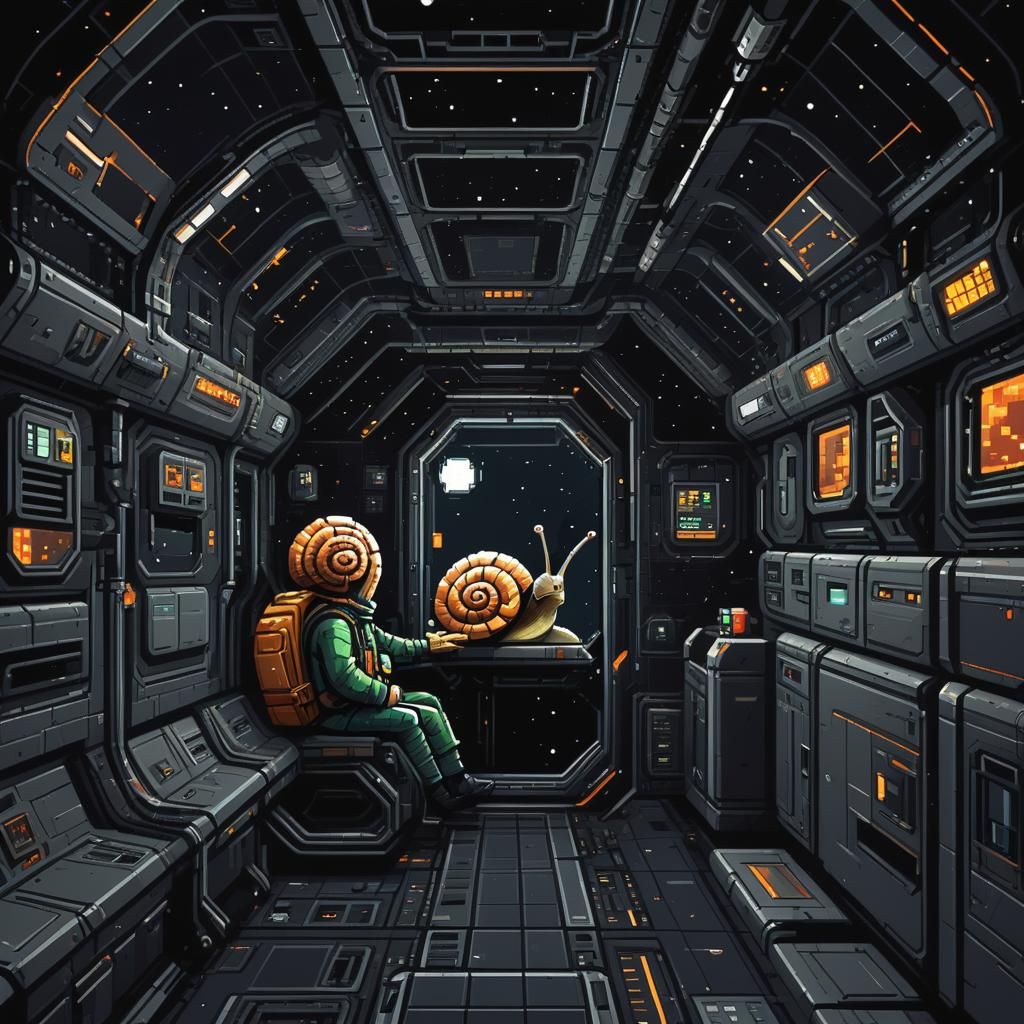 Snail Man in Spaceship Cabin: Pixel Art