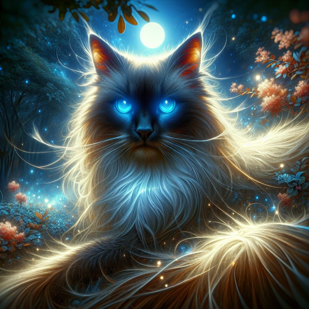 Glowing-Eyed Siamese Cat in Moonlit Garden