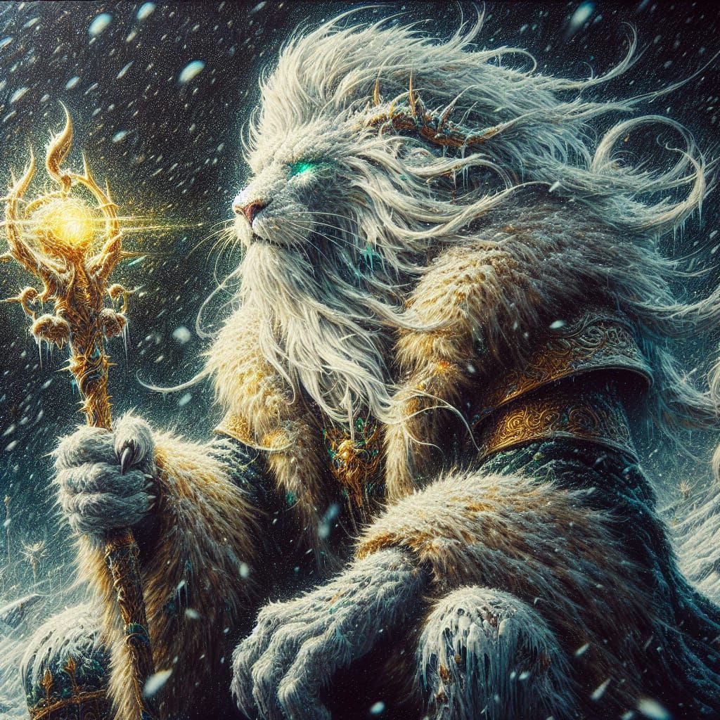 Regal Lion in Snowstorm with Golden Staff