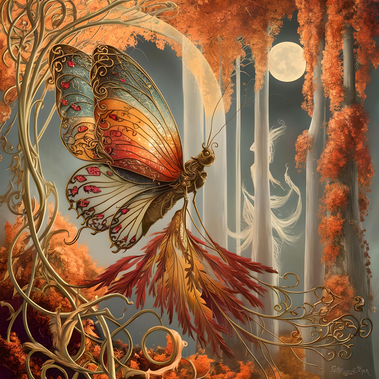 Art Nouveau Butterfly in Autumnal Landscape
