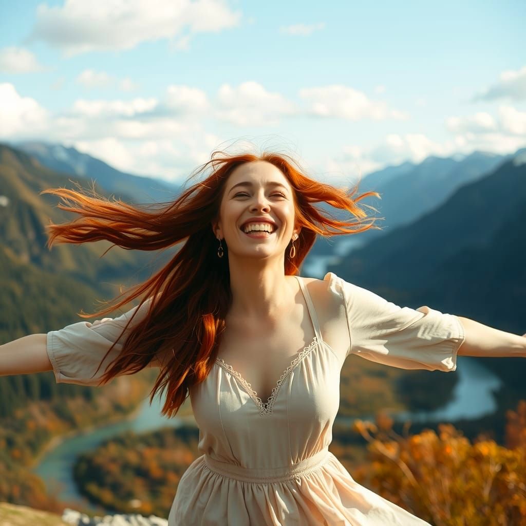 Woman in Blissful Wind, Cinematic Autumn Landscape