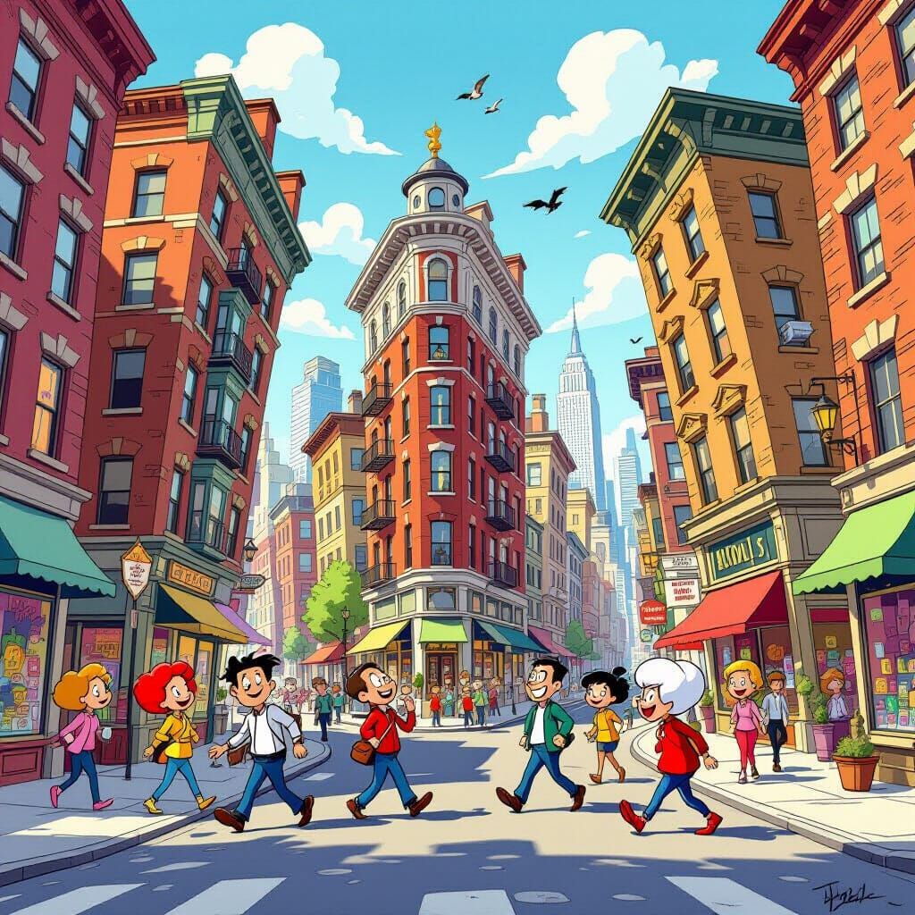 Whimsical Cartoon City Street with Leaning Buildings