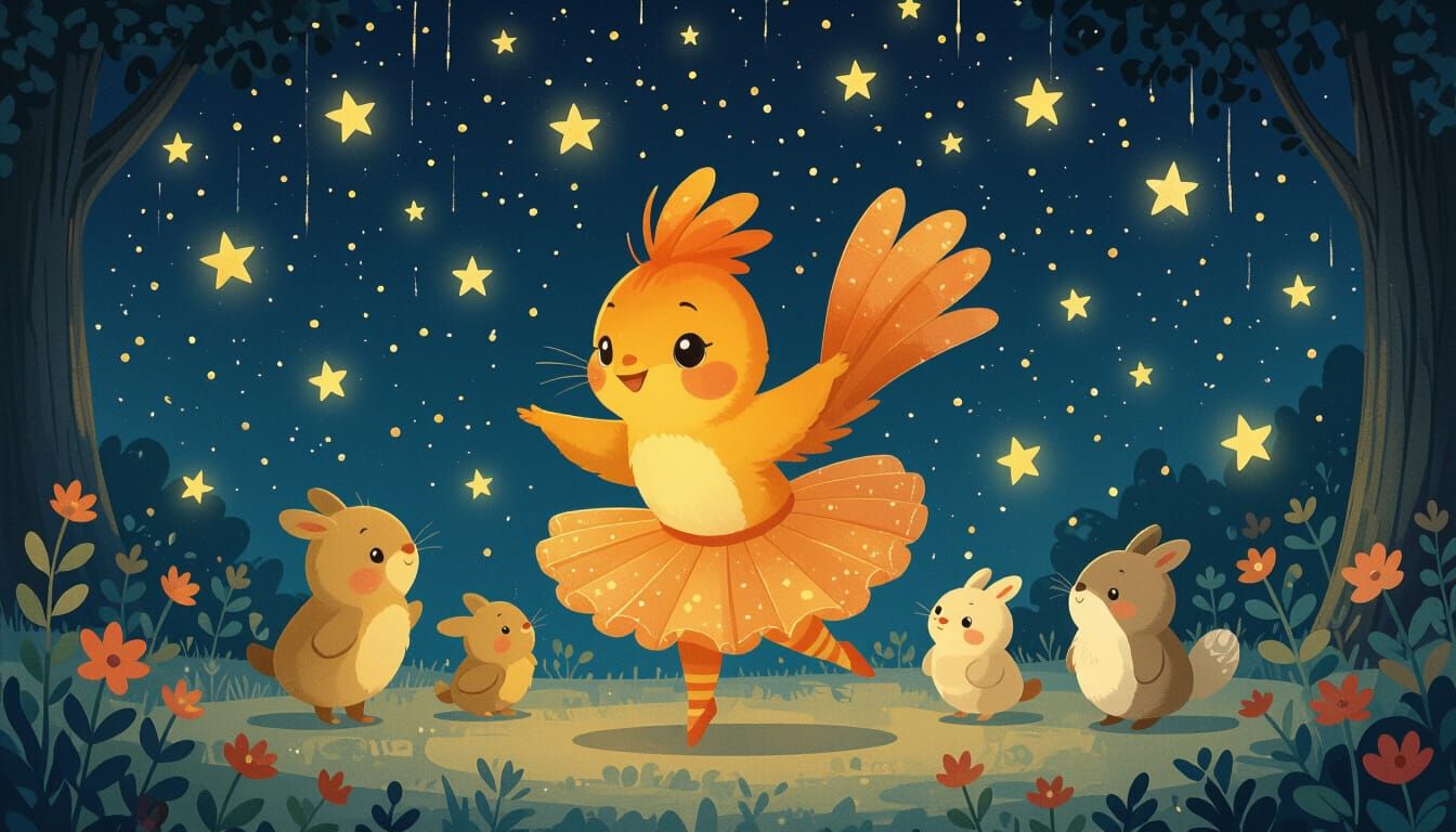 Whimsical Orange Canary Dancing in Starry Rain