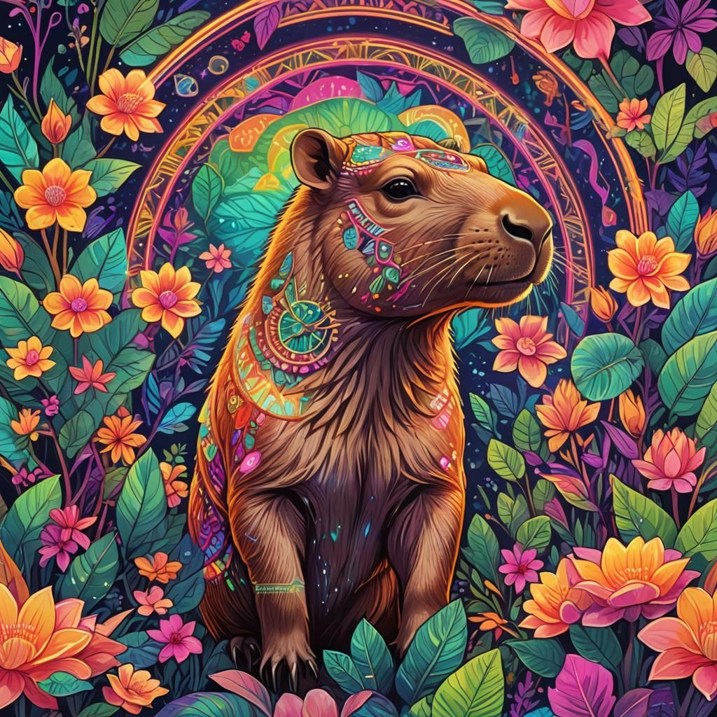 Neon Capybara Family in Holographic Illustration Style