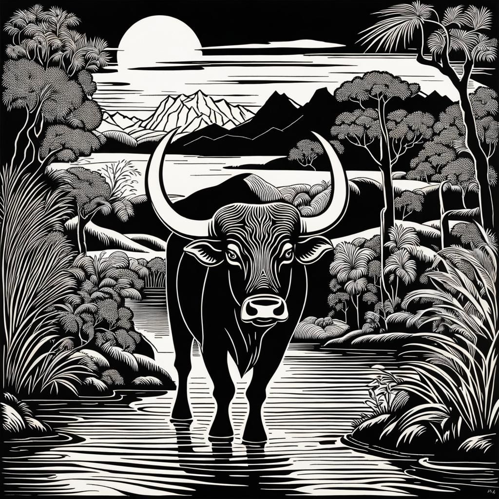 Water Buffalo in Jungle Woodcut Style