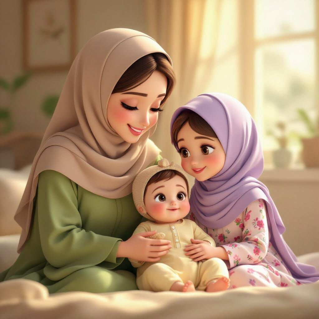 Mother and Daughter Embrace Baby in Warm Sunlight CGI