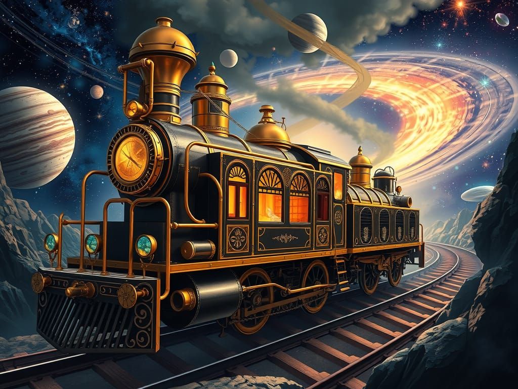 Steampunk Train Soars Through Cosmic Landscape