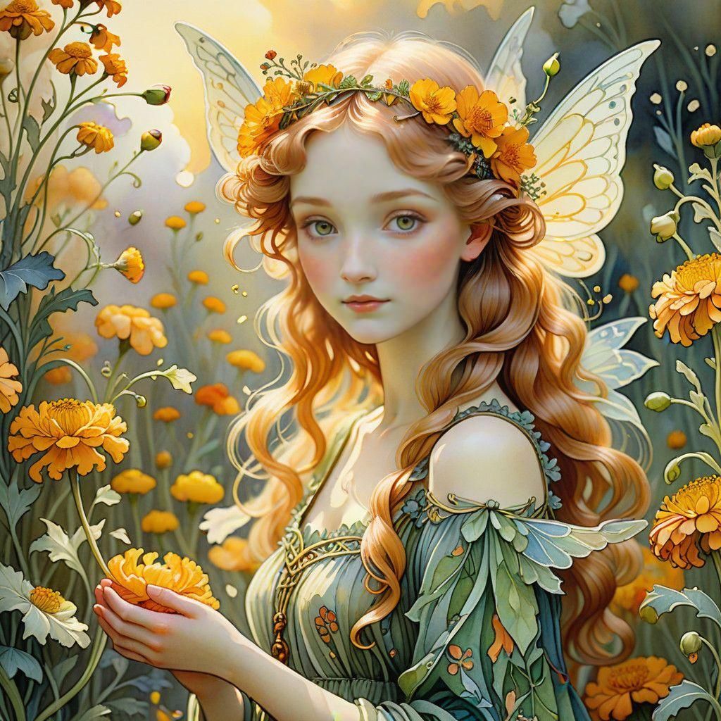Whimsical Marigold Blossom Fairy in Ethereal Landscape