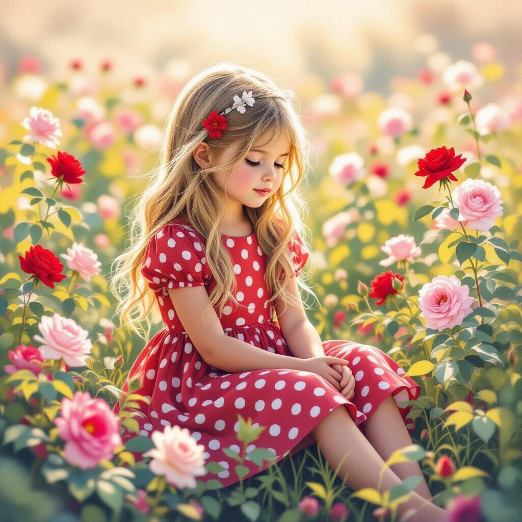 Adorable Girl in Rose Garden Whimsical Fantasy Art