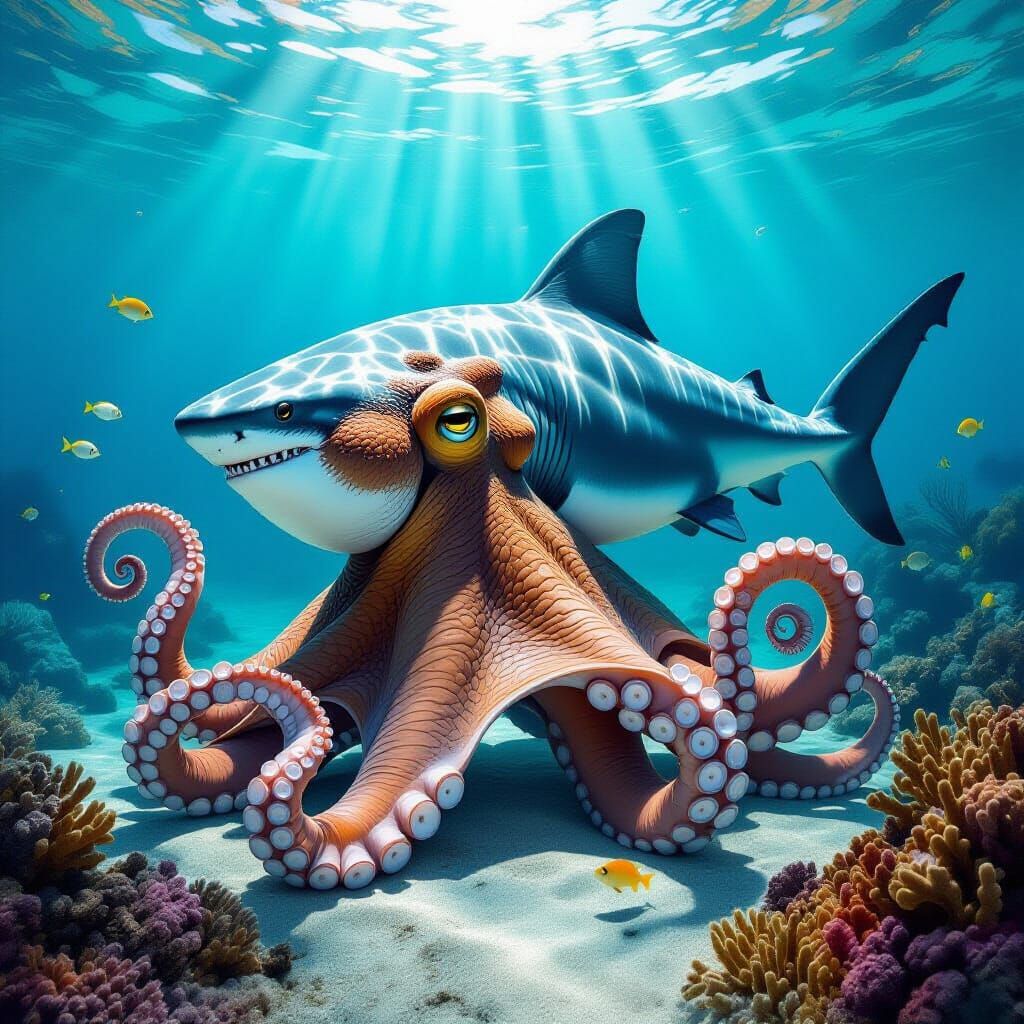 Octopus Disguised as Shark in Realistic Underwater Scene