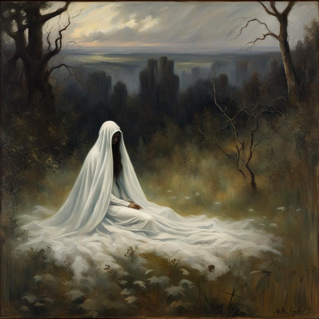 Feathered Ghost in Meadow: Fantastical Digital Painting