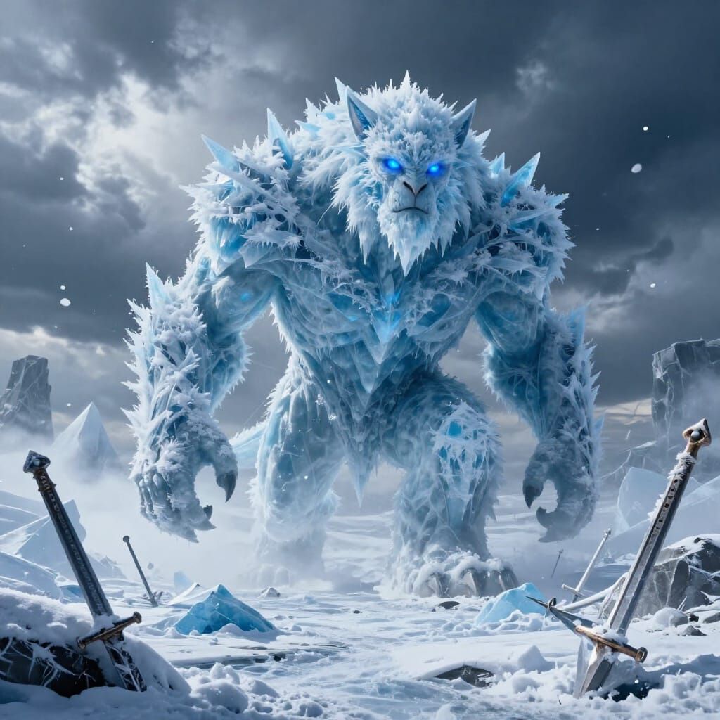 Ice Giant Strides Across Frozen Battlefield in Realistic Sty...