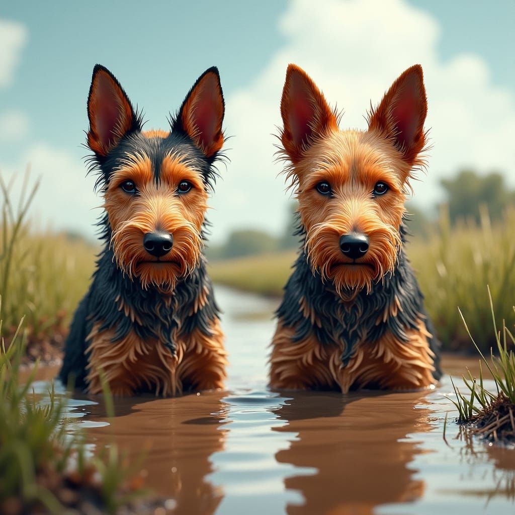Australian Terriers Playing in Mud, Watercolour Painting