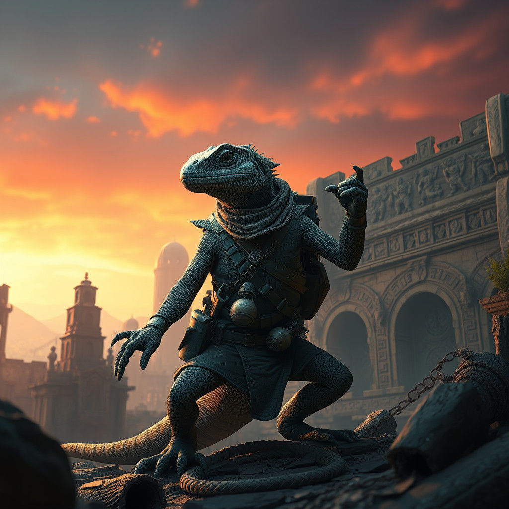 Heroic Lizard General in Ancient Ruins