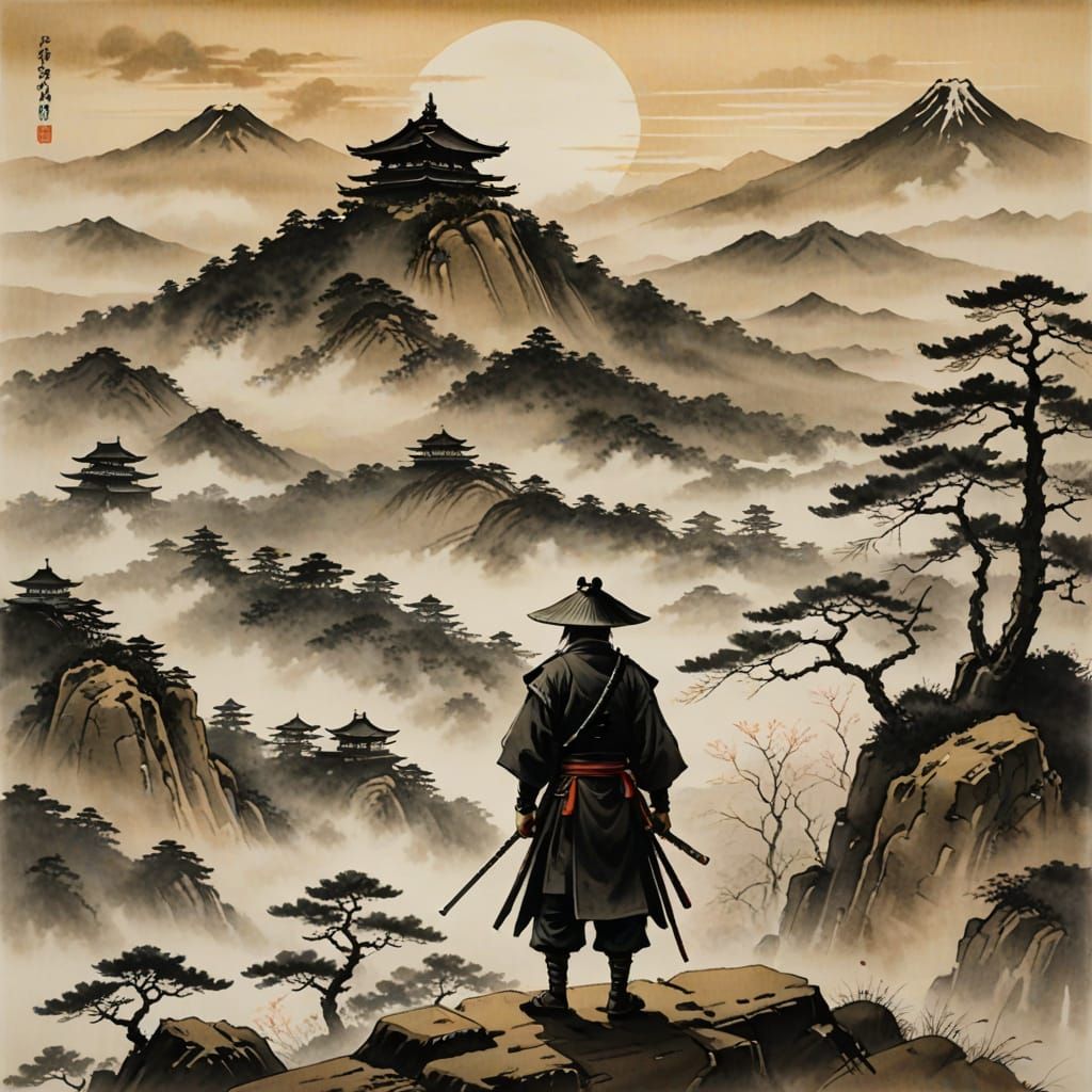 Samurai Warrior on Misty Mountaintop in Japanese Style