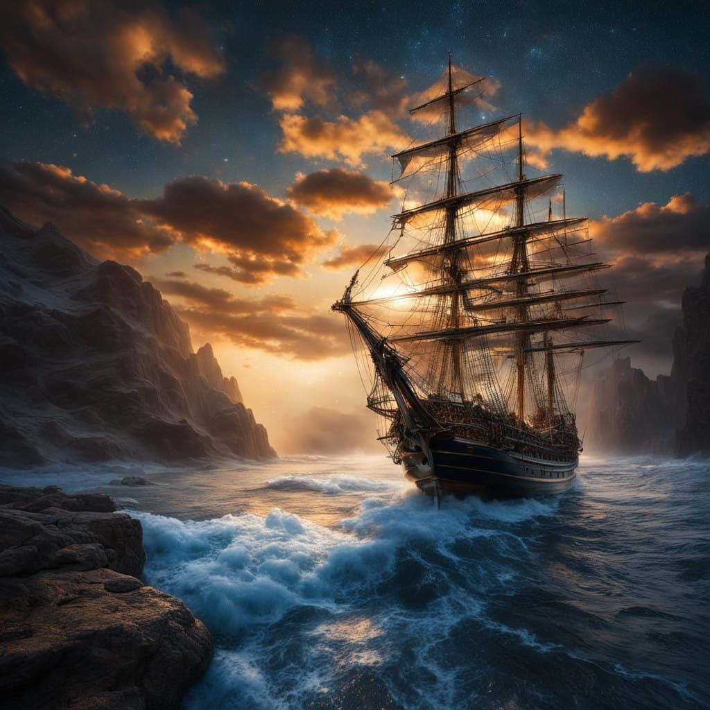 Vintage Sailing Ship Glides Down Galaxy River at Night