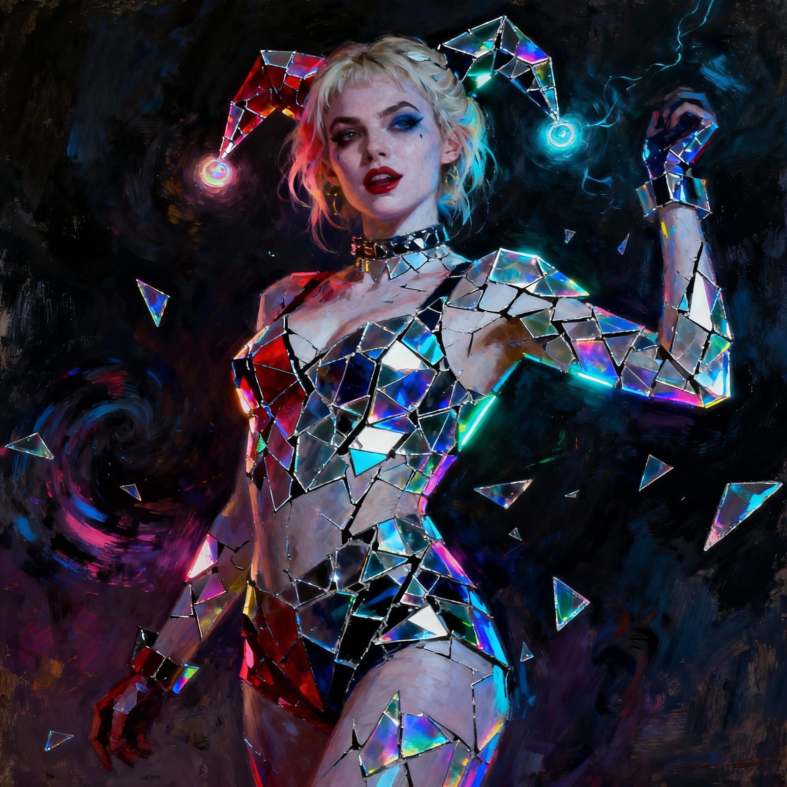 Abstract Harley Quinn in Dynamic Oil Painting Style