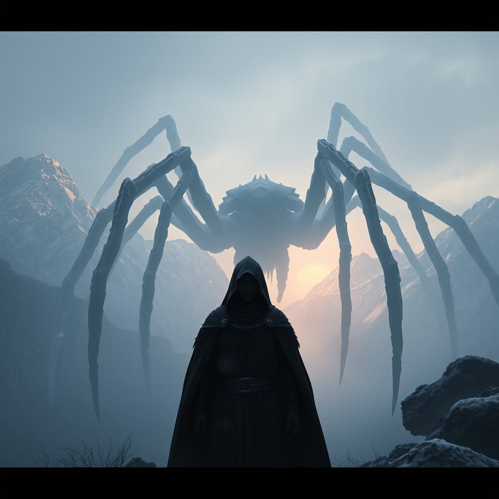 Mystical Necromancer Confronts Haunting Ice Spider