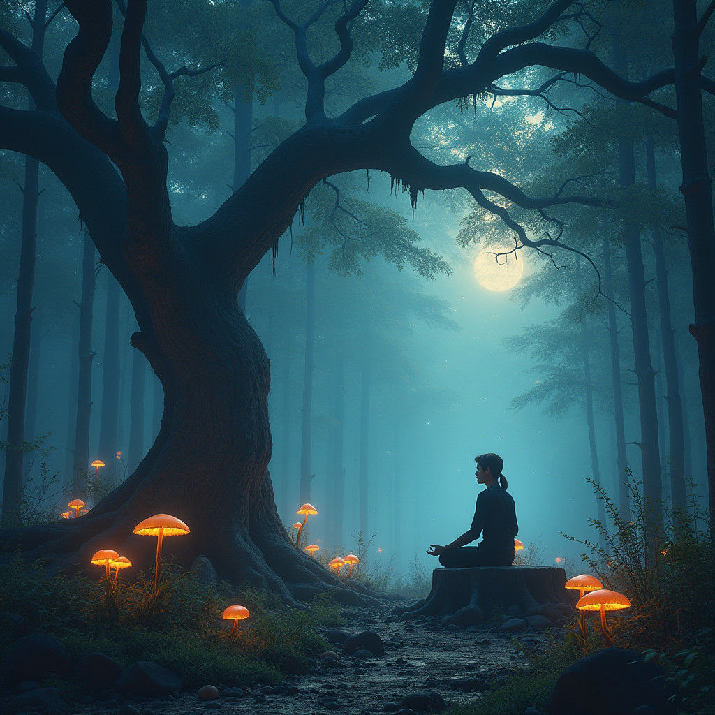 Mystical Forest Meditation Under Cosmic Sky