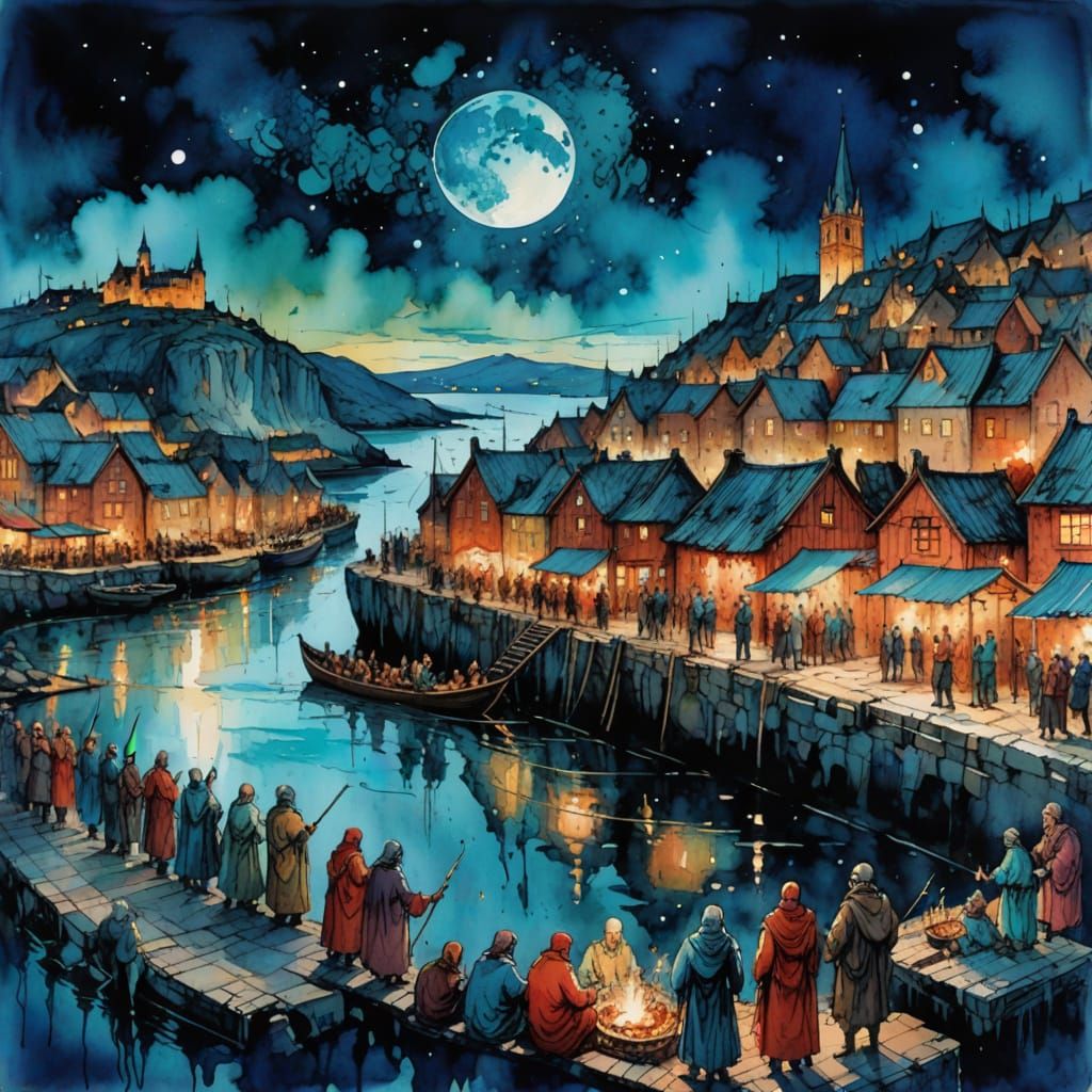 Norse Feast by Moonlight in Watercolor