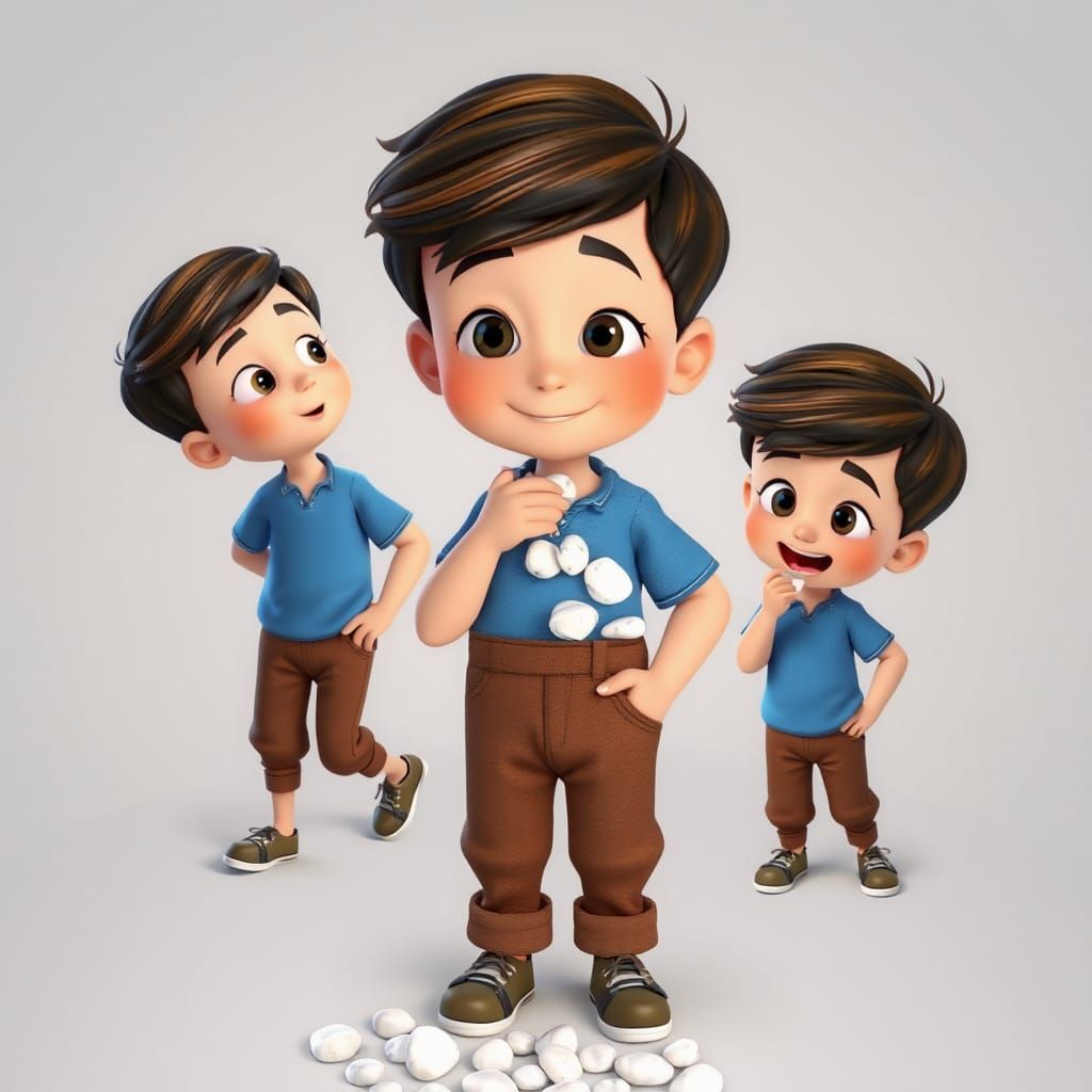 Pixar-Style Boy Collecting Pebbles in 3D Cartoon