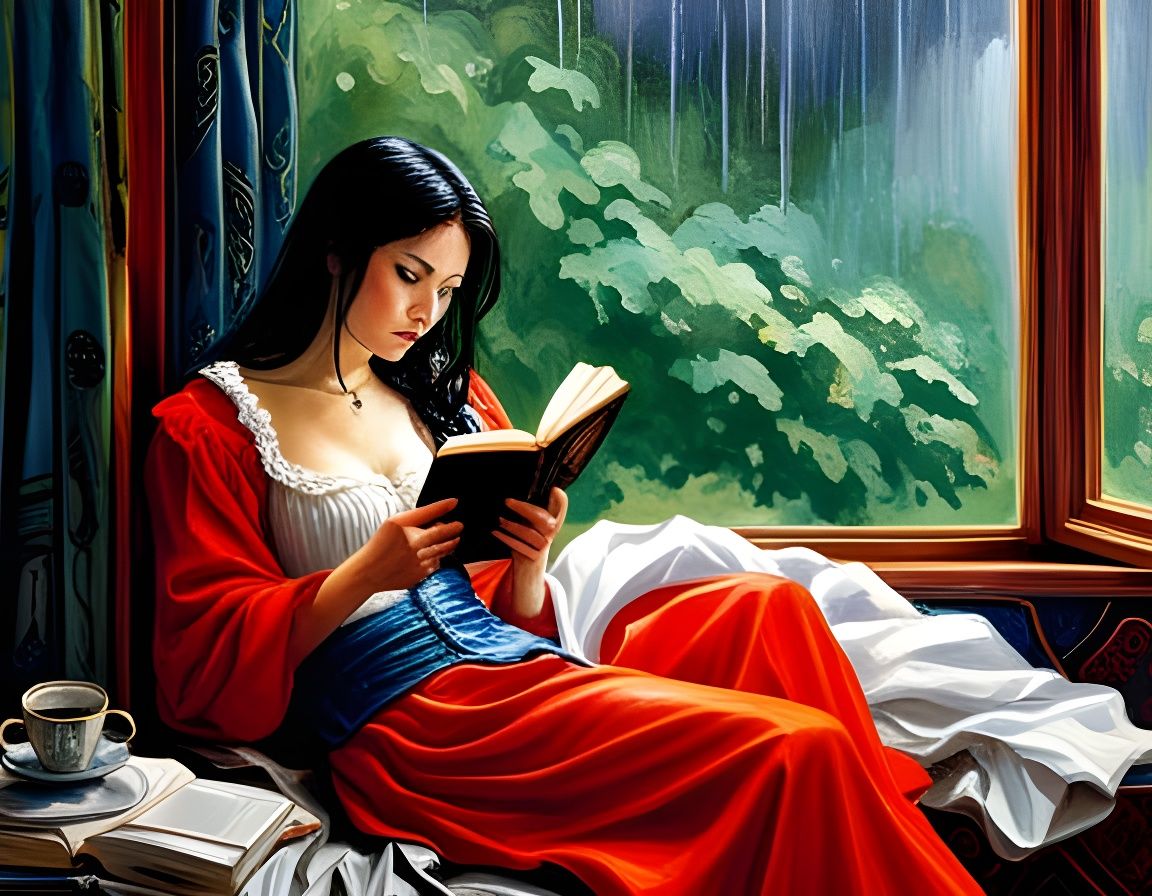 Black-Haired Woman Reading on Rainy Day, Psychedelic Art