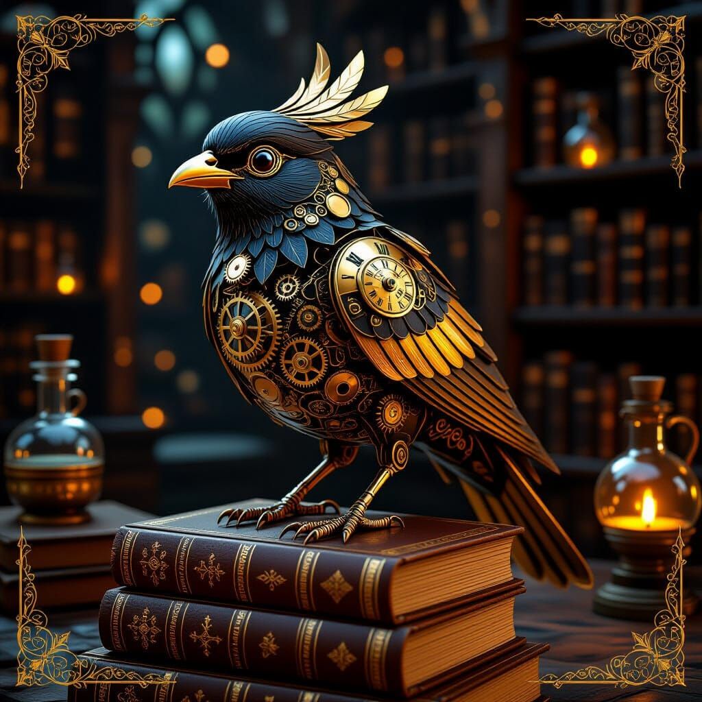 Steampunk Automaton Bird on Books, Victorian Library