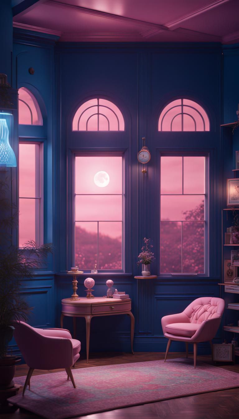 Dreamcore Retro House Interior in Deep Blue and Pink