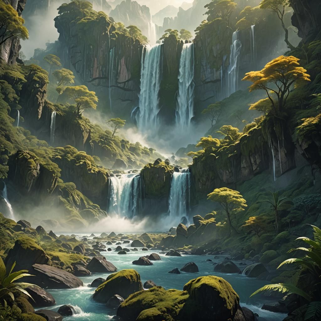 Lush Waterfall Over Crystal Rocks in Futuristic Style
