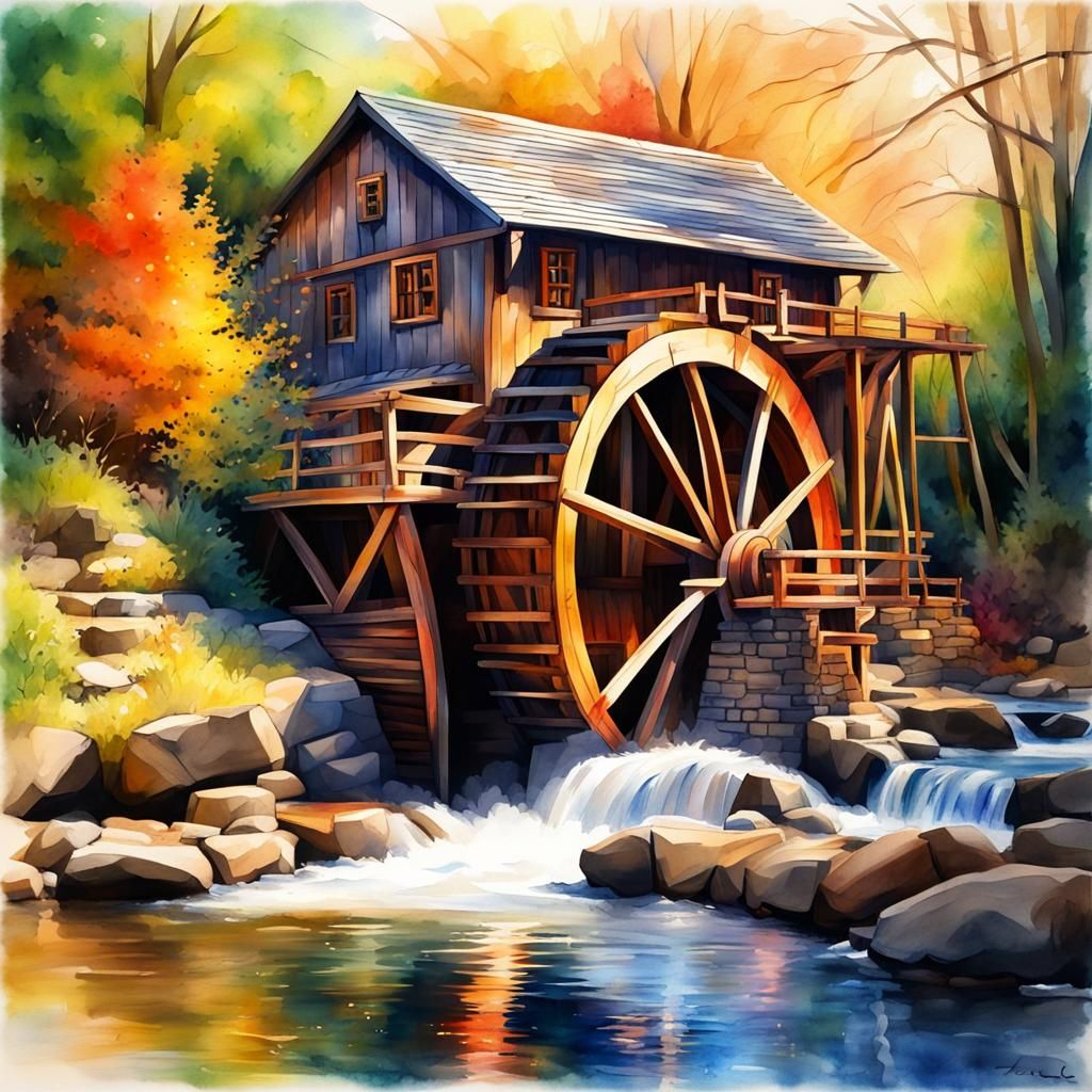 Vibrant Watercolor Water Wheel Art