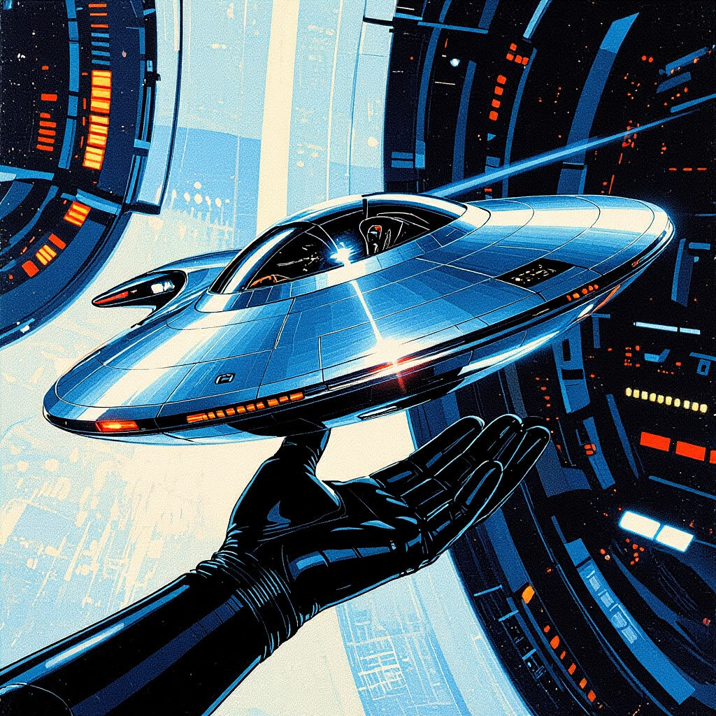 Futuristic Spaceship Spinning on Human Hand