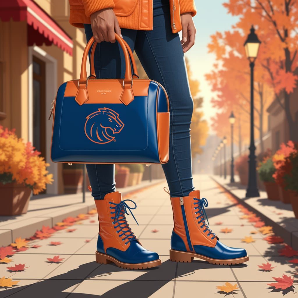 Stylish Woman in Autumn Street Scene with Boise State Univer...