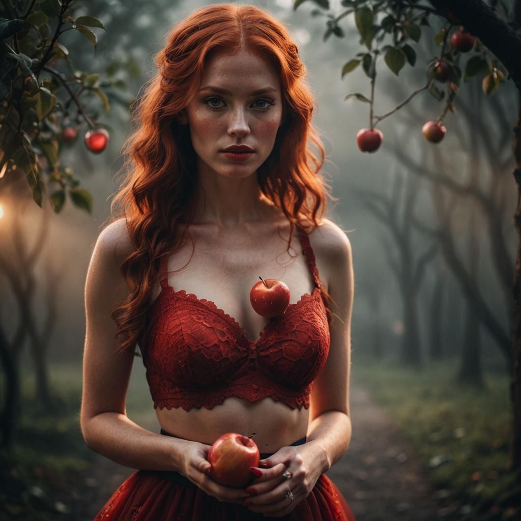 Red-Haired Girl with Apple: Hyper-Realistic Portrait