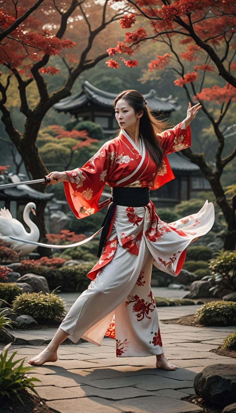 Tai-Chi Woman with Longsword in Japanese Garden