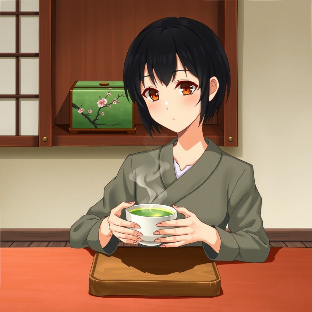 Anime Woman Sips Green Tea in Tranquil Japanese Setting
