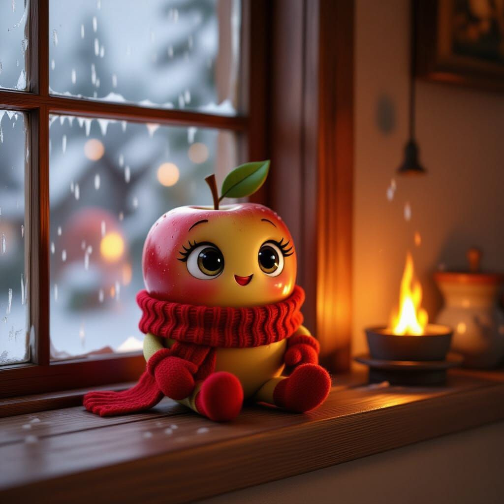Cozy Apple Character on Rainy Windowsill