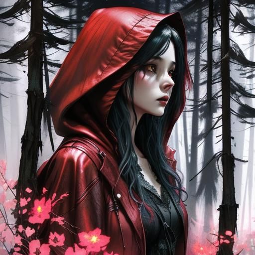 Red Riding Hood in Dark Forest Watercolor Illustration