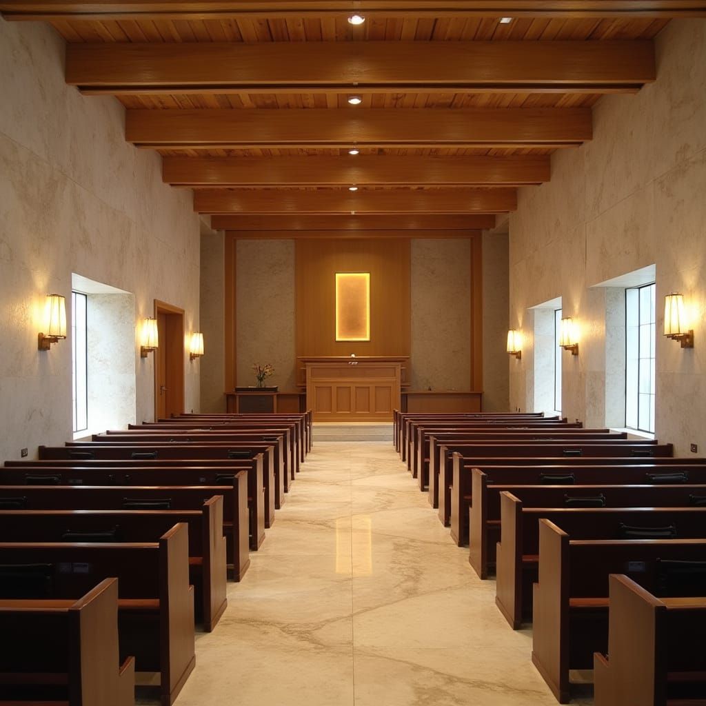 Synagogue in Israeli Modernist Style with Wooden Ark and Mar...